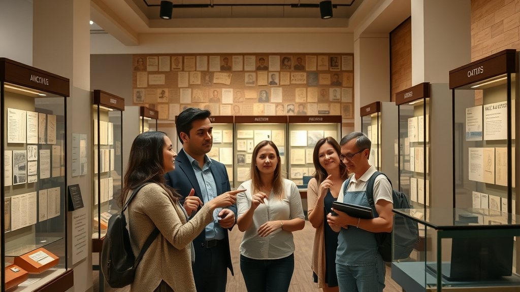 Elegant interior of Austin History Center, visitors exploring exhibits and archival treasures, centerpiece of austin history
