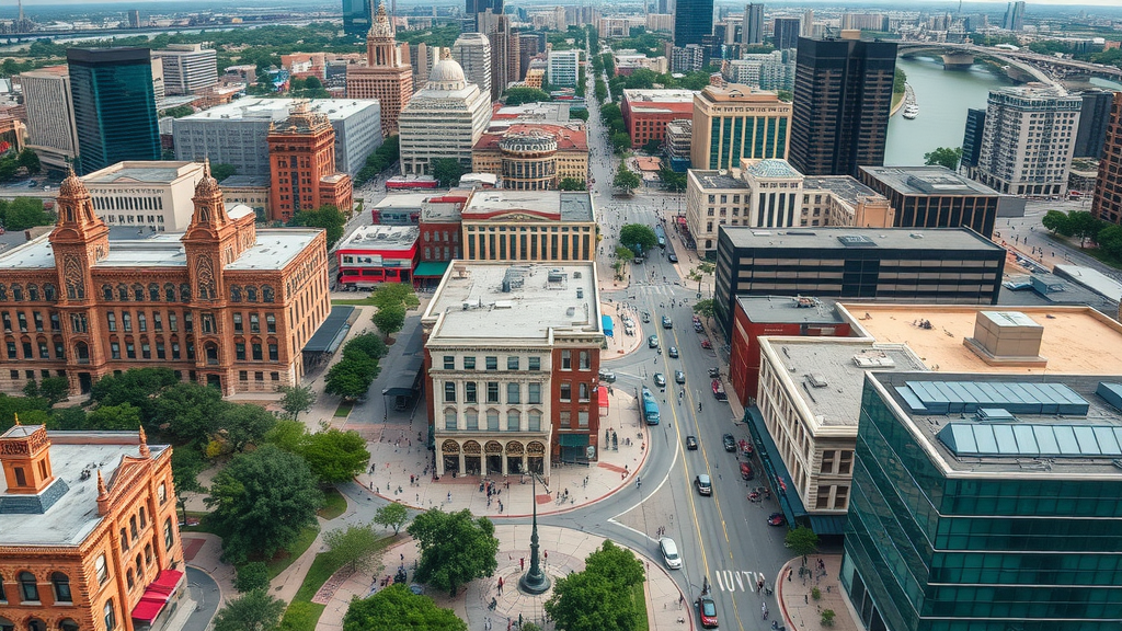 Vibrant aerial view of downtown Austin, Texas, showcasing the Colorado River and historic cityscape