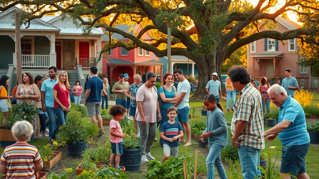Warm scene of East Austin neighborhood, diverse residents and historic homes reflecting african american heritage and austin history