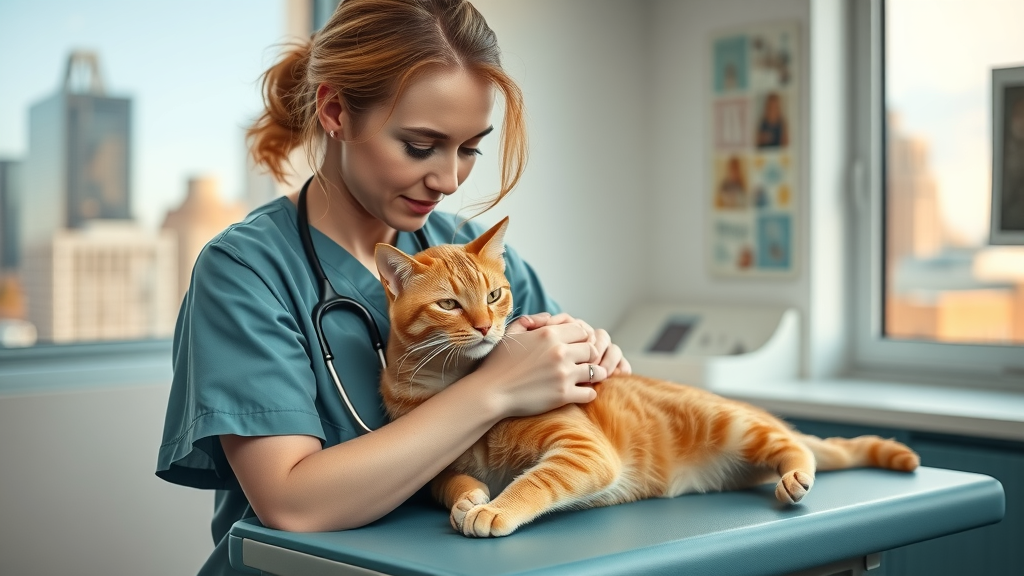 Experienced austin vet hospital austin tx comforts senior cat with Austin backdrop