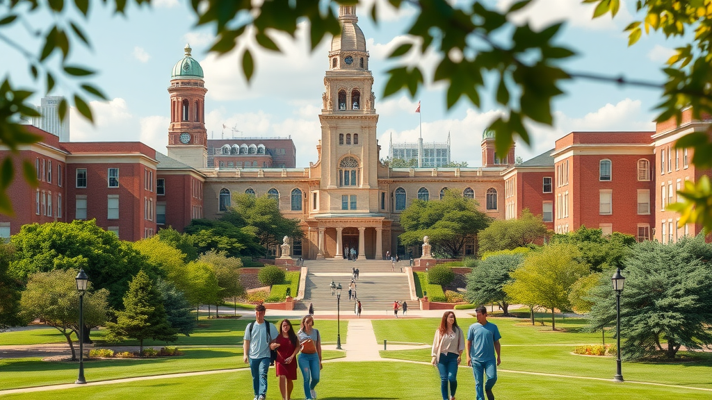 Majestic view of UT Austin campus, historic university tower, proud students and academic heritage in Austin history